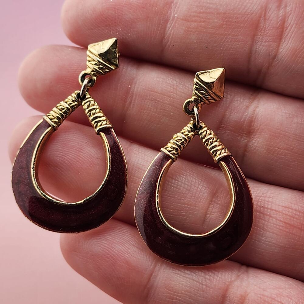 Burgundy Open Teardrop Dangle Earrings Gold Tone Trim Retro Statement Pair